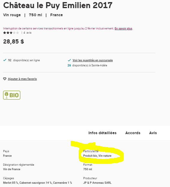 Fiche produit sur le site de la SAQ