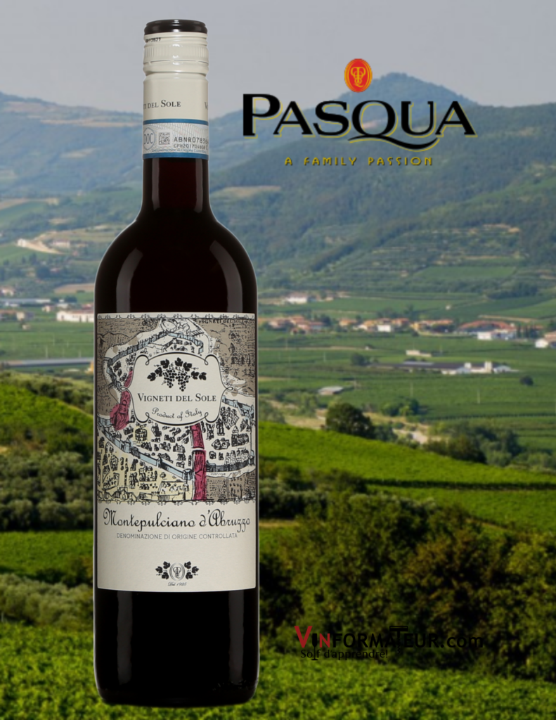 Bouteille de Vigneti del Sole, Italie, Montepulciano d’Abruzzo DOC, Pasqua Vigneti e Cantine ,vin rouge, 2019