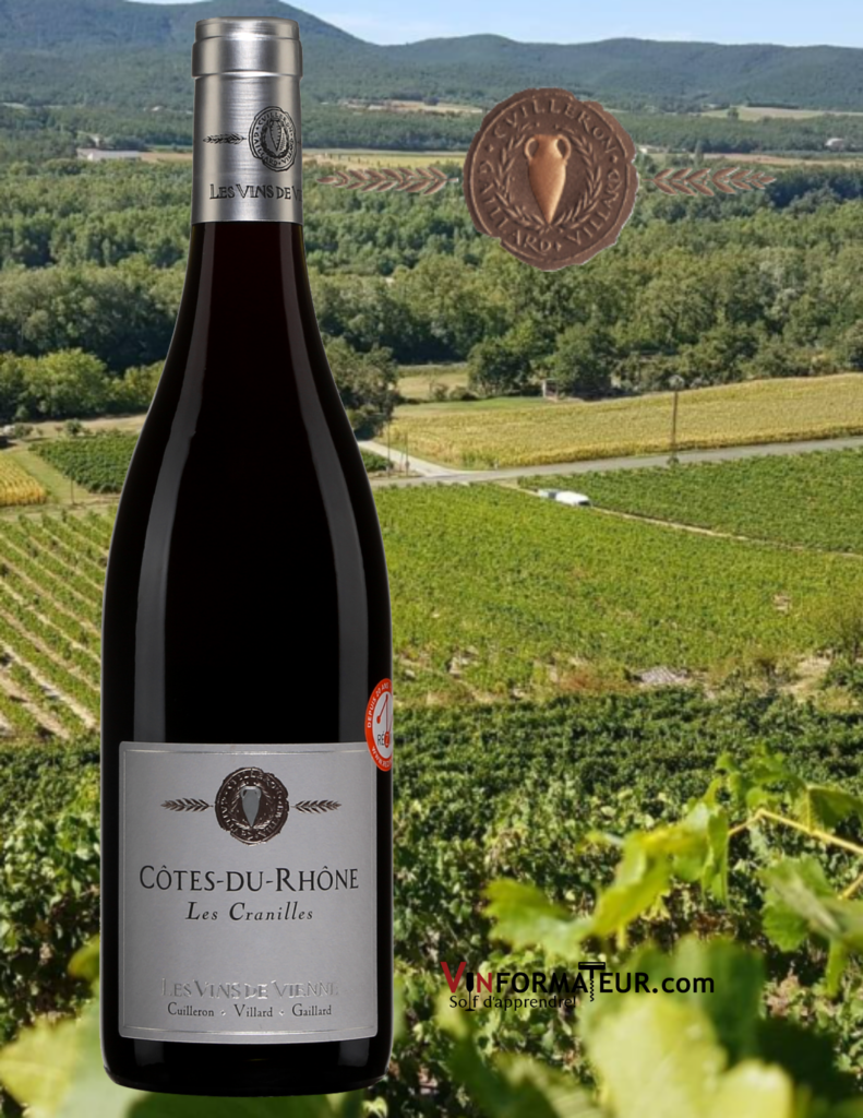 BouteilleLes Cranilles, Amphore d’Argent, France, Côtes-du-Rhône AOP, Les vins de Vienne, 2018 avec vignoble en background