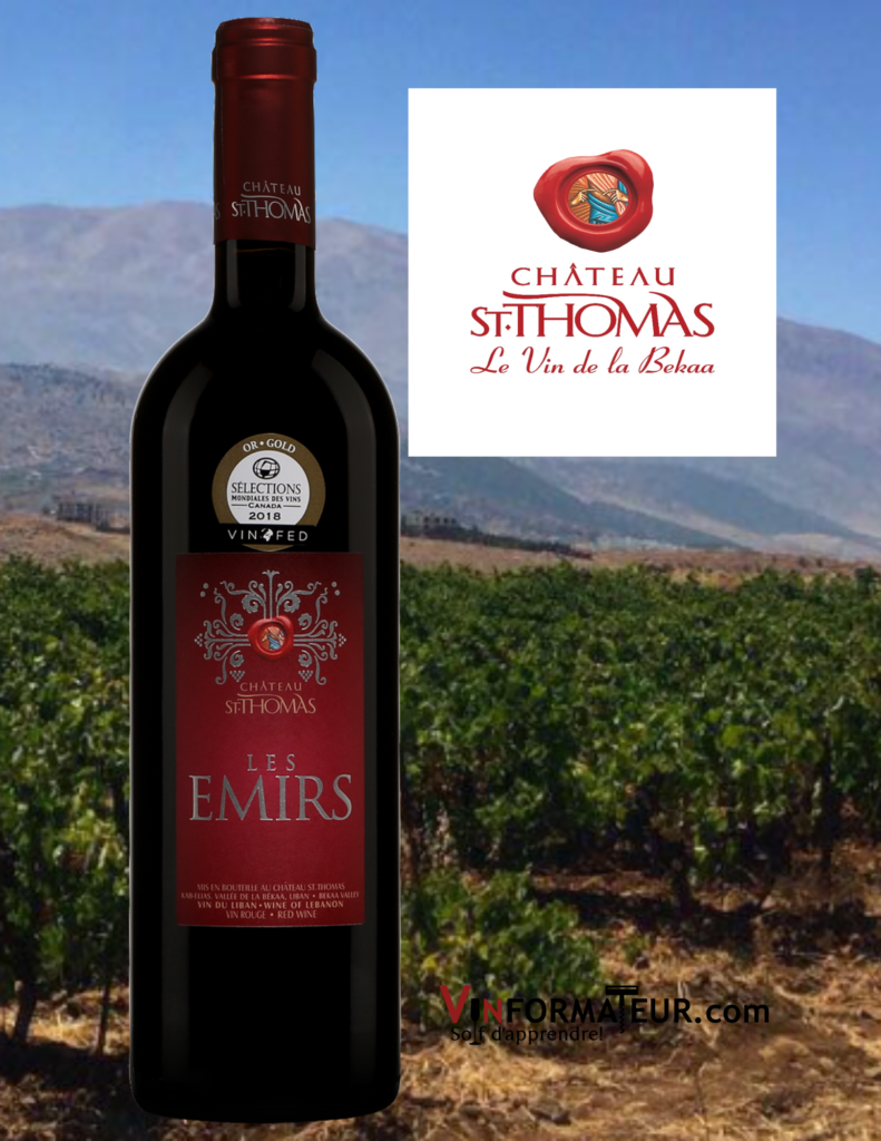 Bouteille Les Émirs, Vhâteau St-Thomas, vignoble en background