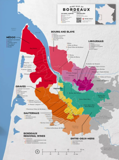 Carte viticole de la région de Bordeaux. Source winefolly.com