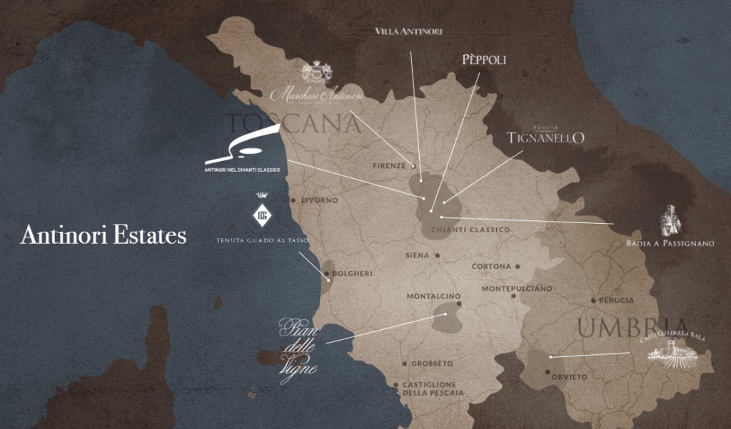 Carte viticole de la maison Marchesi Antinori en Italie