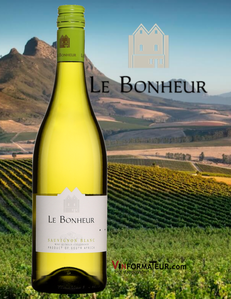 Bouteille de Le Bonheur, Sauvignon blanc, Afrique du Sud, Stellenbosch, 2019 avec vignoble en arrière-plan