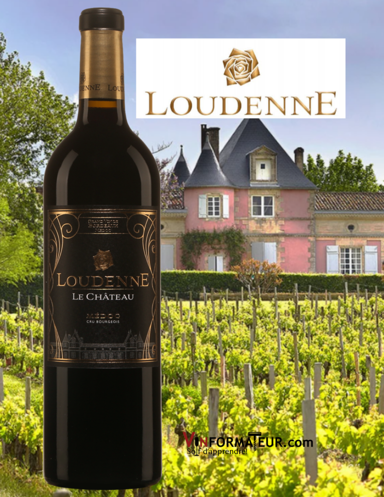 Bouteille du Loudenne Le Château, France, Médoc, Cru Bourgeois, 2015 avec le château Loudenne Rose en arrière-plan