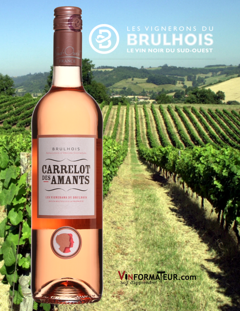 Bouteilles de Carrelot des Amants rosé avec vignoble en arrière-plan