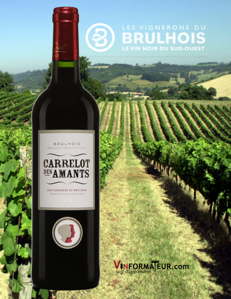 Bouteilles de Carrelot des Amants rouge avec vignoble en arrière-plan