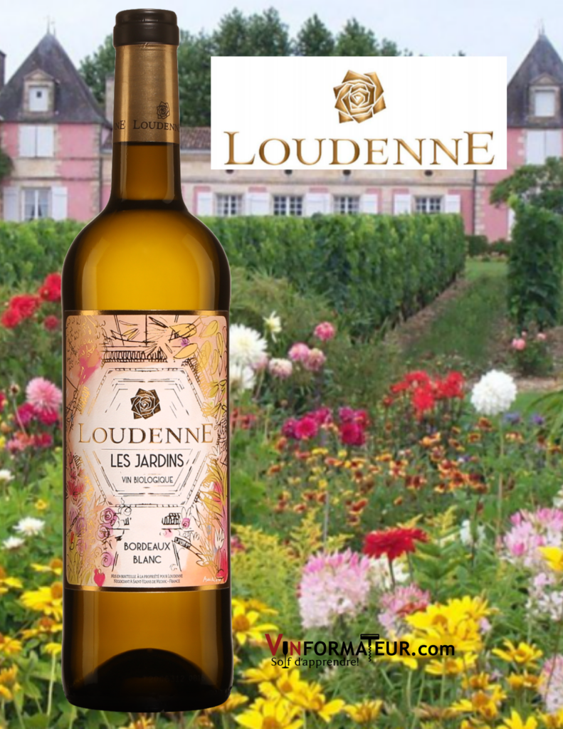 Bouteille du Loudenne, Les Jardins - vin blanc bio avec château Loudenne en arrière-plan