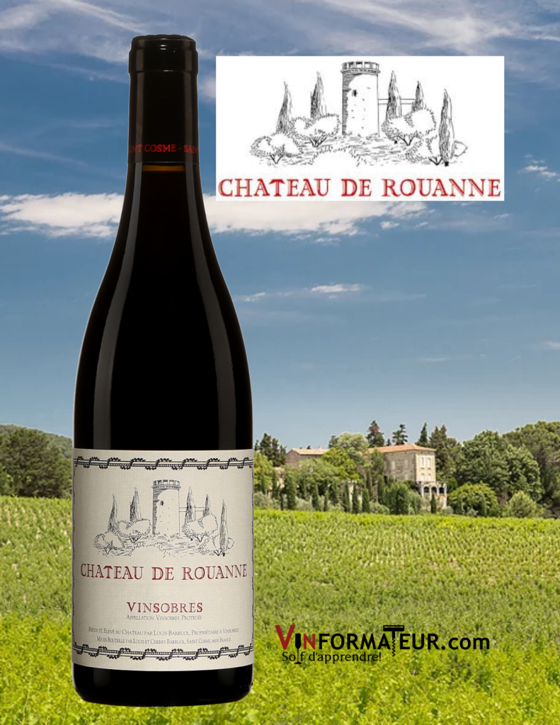 Bouteille de Château de Rouanne, France, Vallée du Rhône, Vinsobres, Château de Saint Cosme, Louis Barruol, vin rouge bio, 2018 vignobles en arrière-plan