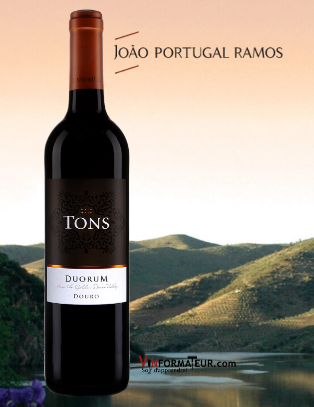 Bouteille de Tons, Duorum, Portugal, Douro, 2018 avec vignobles en arrière-plan.