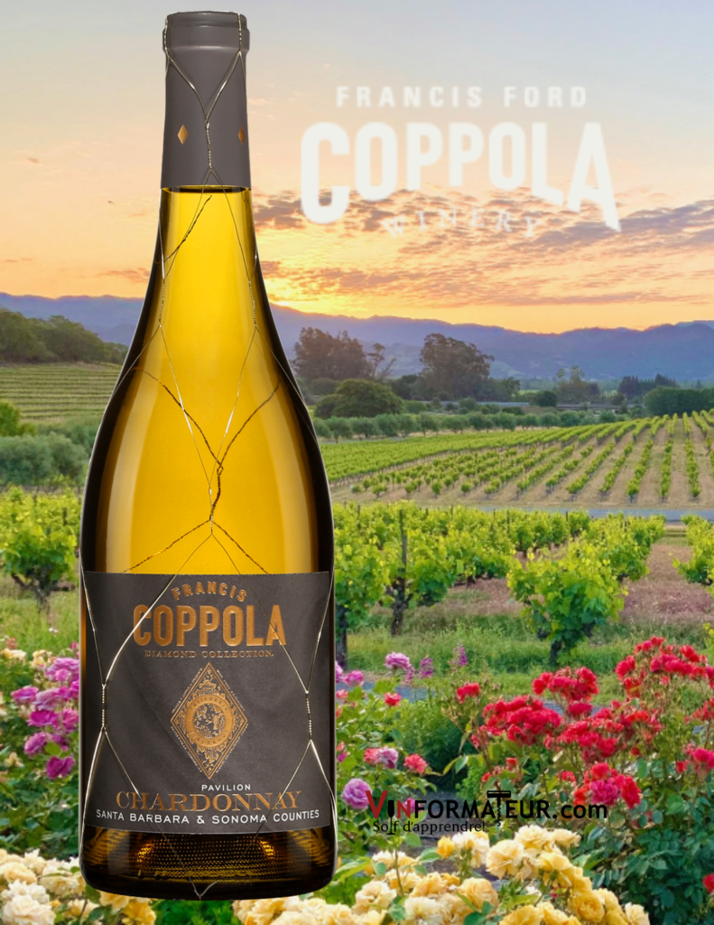 Bouteille de Ford Coppola, Diamond Collection, Californie, Sonoma Coast, 2018 avec vignobles en arrière-plan