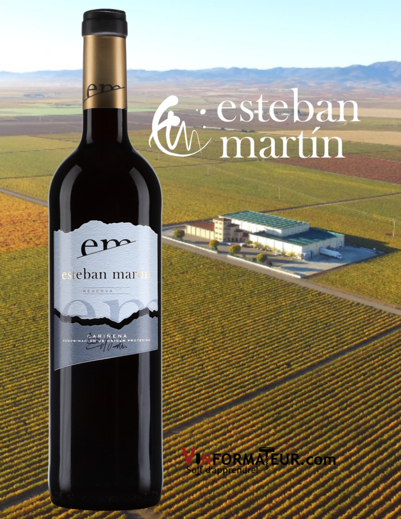 Bouteille de Esteban Martin, DOC Carinena, Espagne, Aragon, vin rouge, 2016 avec vignoble en arrière-plan