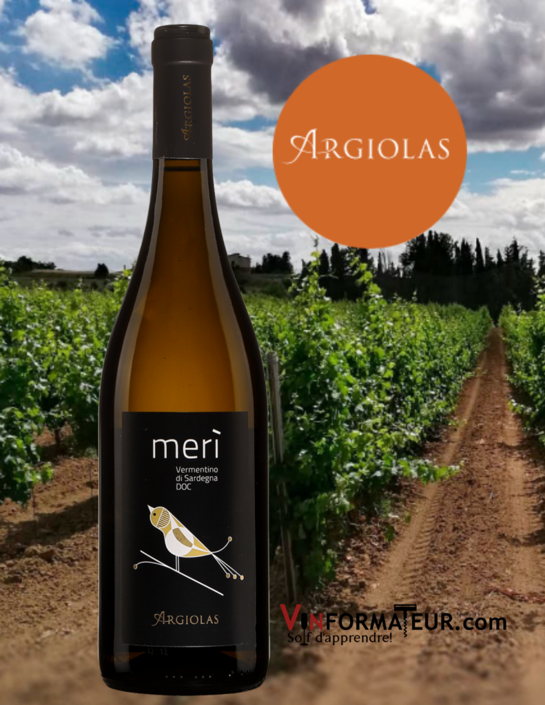 Bouteille Meri, Argiolas, Italie, Vermentino di Sardegna DOC, 2019 avec vignobles en arrière-plan