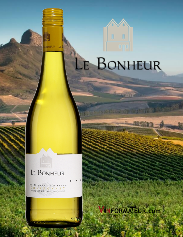 Bouteille de Le Bonheur, Chardonnay, Afrique du Sud, Simonsberg Stellenbosch, 2020 avec vignoble en arrière-plan