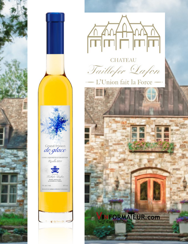 Bouteille de Château Taillefer Lafon, Grand Frisson de Glace, Cidre liquoreux de glace, 2017 avec Château en arrière-plan