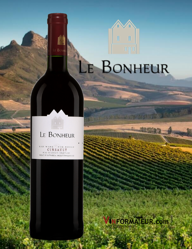 Bouteille de Le Bonheur, Cinsault, Afrique du Sud, Swartland, 2019 avec vignoble en arrière-plan