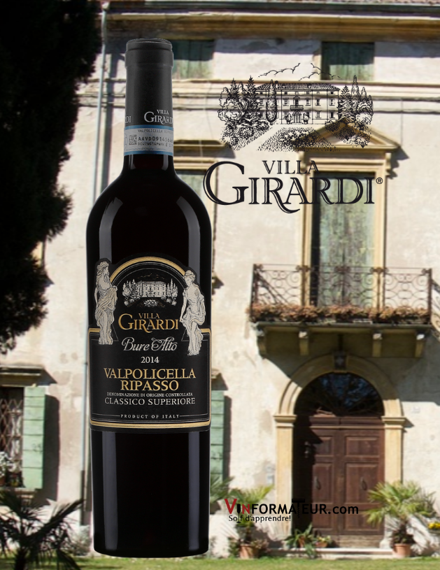Bouteille de Villa Girardi, Valpolicella Ripasso, Classico Superiore, Bure Alto, 2017 abvec le chai en arrière-plan
