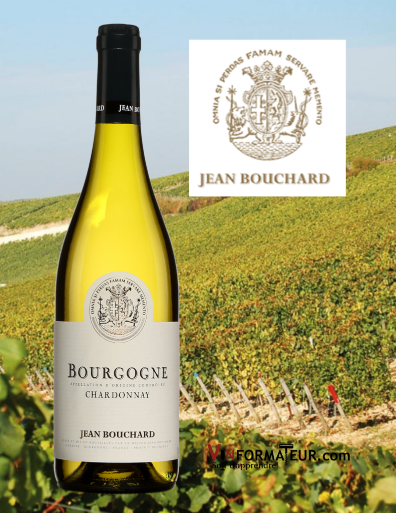 Bouteille Chardonnay, Bourgogne, Jean Bouchard, 2019 avec vignobles en arrière-plan