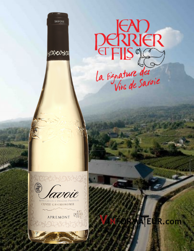 Bouteille Cuvée Gastronomie Apremont, France, Savoie, Jean Perrier & Fils, vin blanc, 2020 avec vignoble en arrière-plan