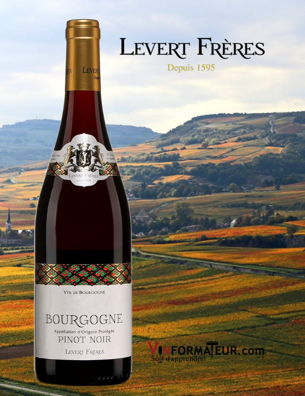 Bouteille de Levert Frères, Pinot Noir, Bourgogne, 2017 avec vignoble en arrière-plan