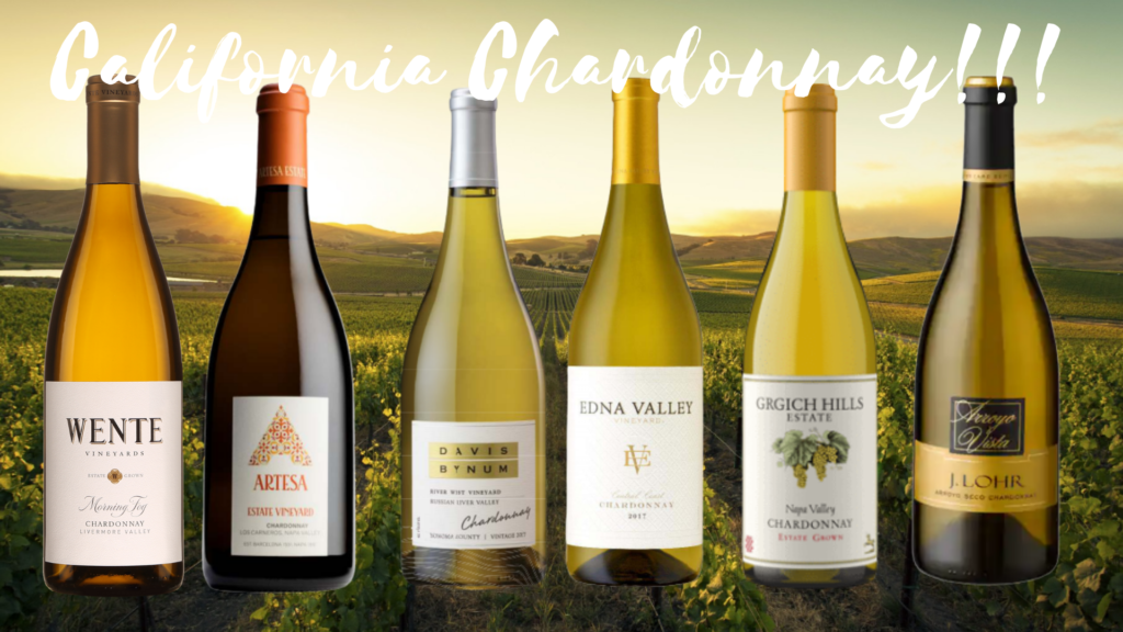 6 bouteilles de vin de Chardonnay de la Californie avec vignobles en arrière-plan