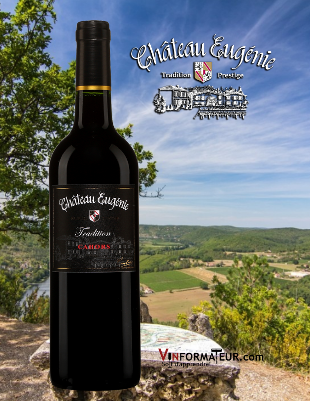 BOuteille duChâteau Eugénie,Tradition, France, Sud-Ouest, Cahors AOP, Jean et Claude Couture, 2017 avec vignoble en arrière-plan