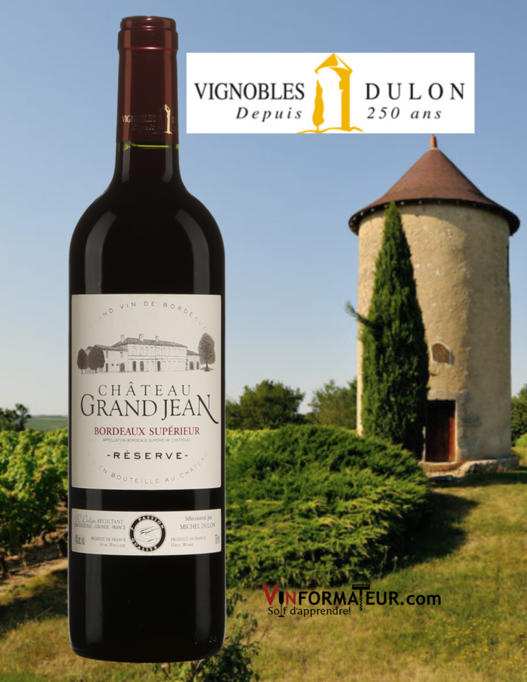 BOuteille de Château Grand Jean, France, Bordeaux, Bordeaux Supérieur AOP, Réserve, 2019 avec vignoble en arrière-plan