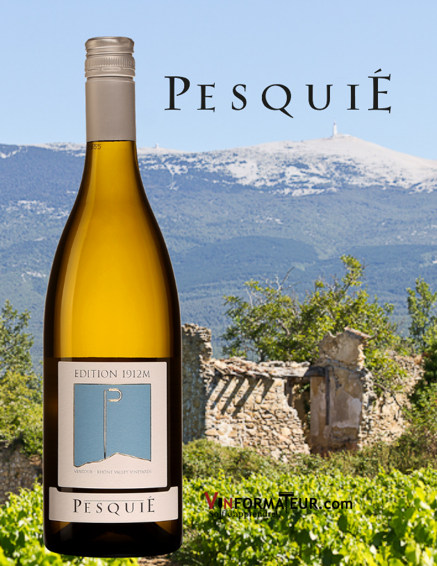Bouteille de Pesquié, Édition 1912M, France, Vallée du Rhône, AOC Ventoux, 2020 avec vignoble et Ventoux en arrière-plan