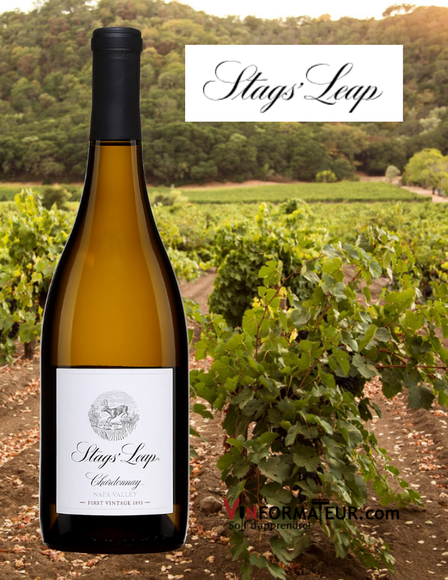 Bouteille de Stag’s Leap, Chardonnay, Californie, Napa Valley, Satgs' Leap Winery, 2018 avec vignoble en arrière-plan