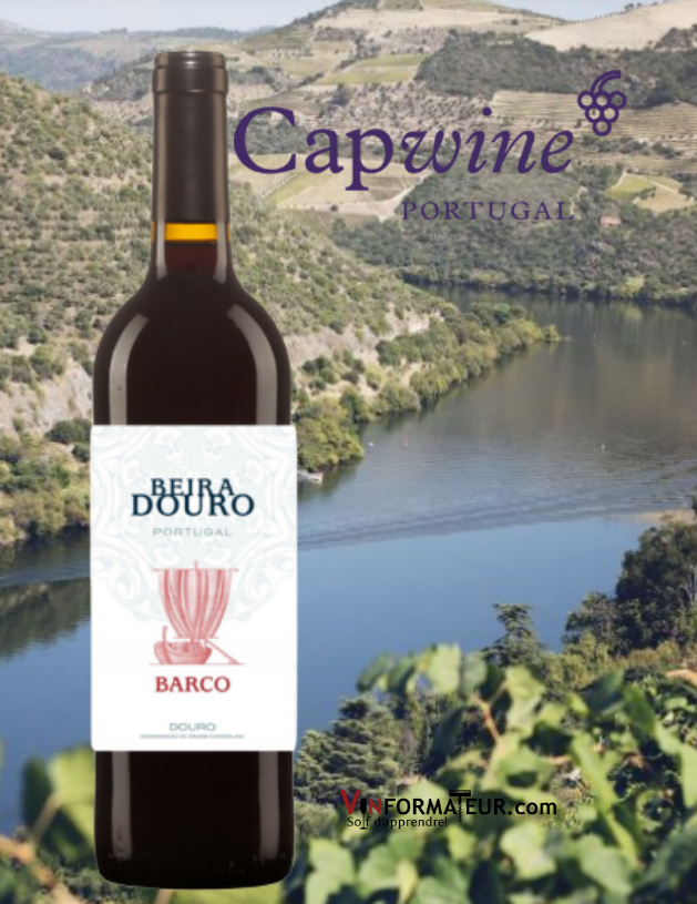 Bouteille de Barco, Portugal, Douro DOC, 2016 avec vignoble en arrière-plan