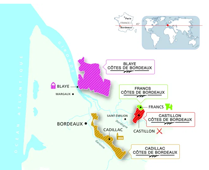 Carte viticole de l'Appellation Côtes de Bordeaux