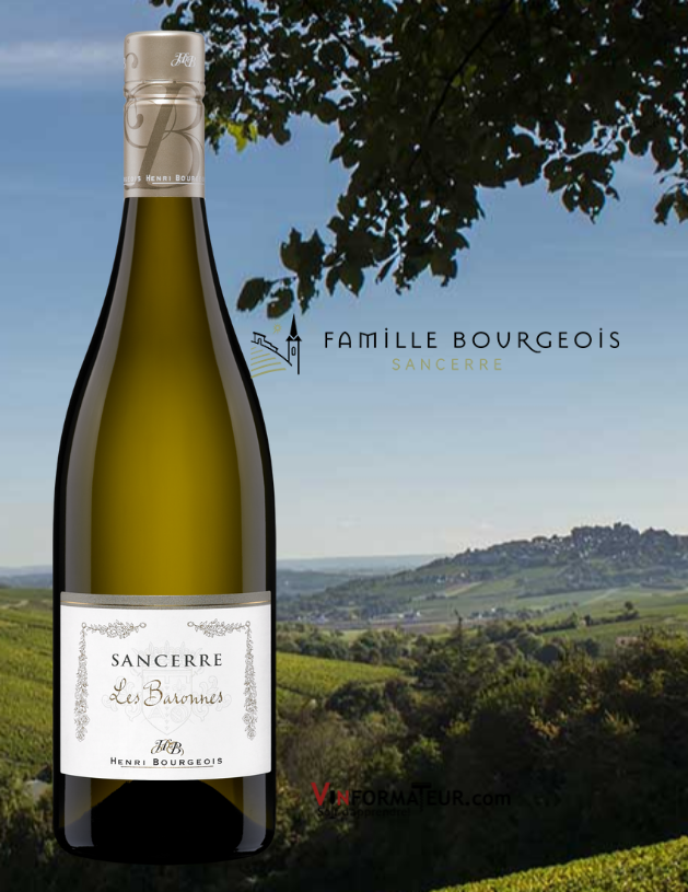 Bouteille de Henri Bourgeois, Les Baronnes, France, Val de Loire, Sancerre, Famille Bourgeois, 2019 avec vignobles en arrière-plan