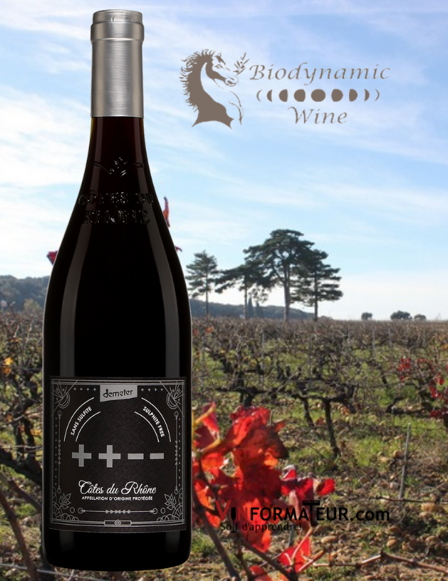 Bouteille de ++--, Biodynamic wines, France, Côtes du Rhône, 2019 et v ignobles