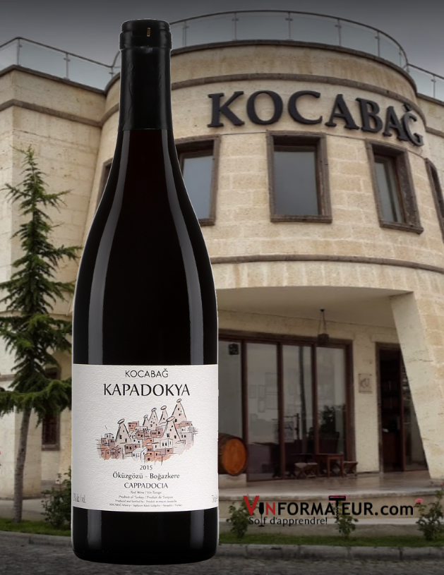 Bouteille de Kocabag, Kapadokya, Turquie, vin rouge, 2019 avec chai et bureaux
