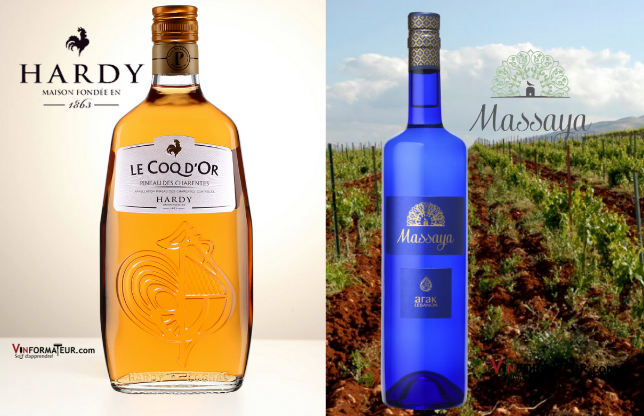 Bouteilles de Pineau des Charentes Le Coq d'Or et l'Arak de Massaya