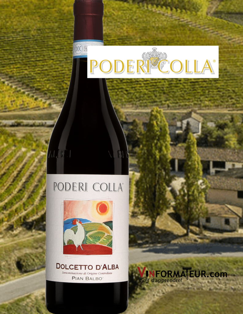 Bouteille de Poderi Colla, Dolcetto d’Alba, Pian Balbo, ‘’Eticetta Gallo’’, Italie, Piémont, vin rouge, 2019 avec vignobles en arrière-plan
