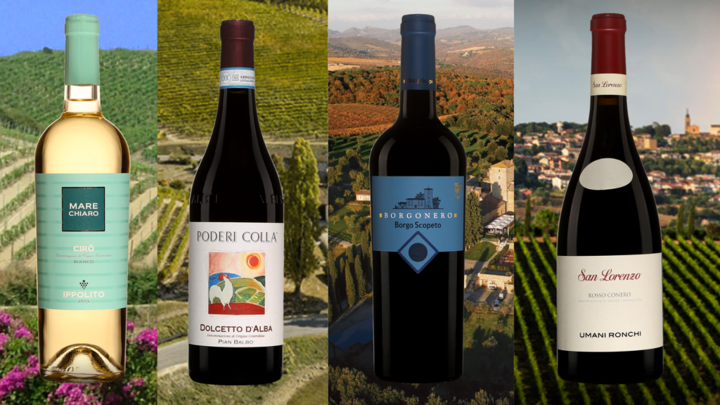 Bouteilles de Mare Chiaro, Ippolito , Poderi Colla, Dolcetto d’Alba, San Lorenzo, Rosso Conero DOC, et Borgonero, Borgo Scopeto avec vignobles en arrière-plan