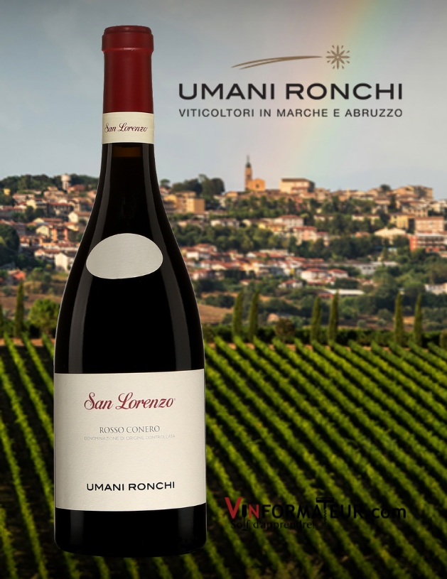 Bouteille de San Lorenzo, Rosso Conero DOC, Italie, Les Marches, Umani Ronchi, vin rouge, 2018 avec vignobles en arrière plan