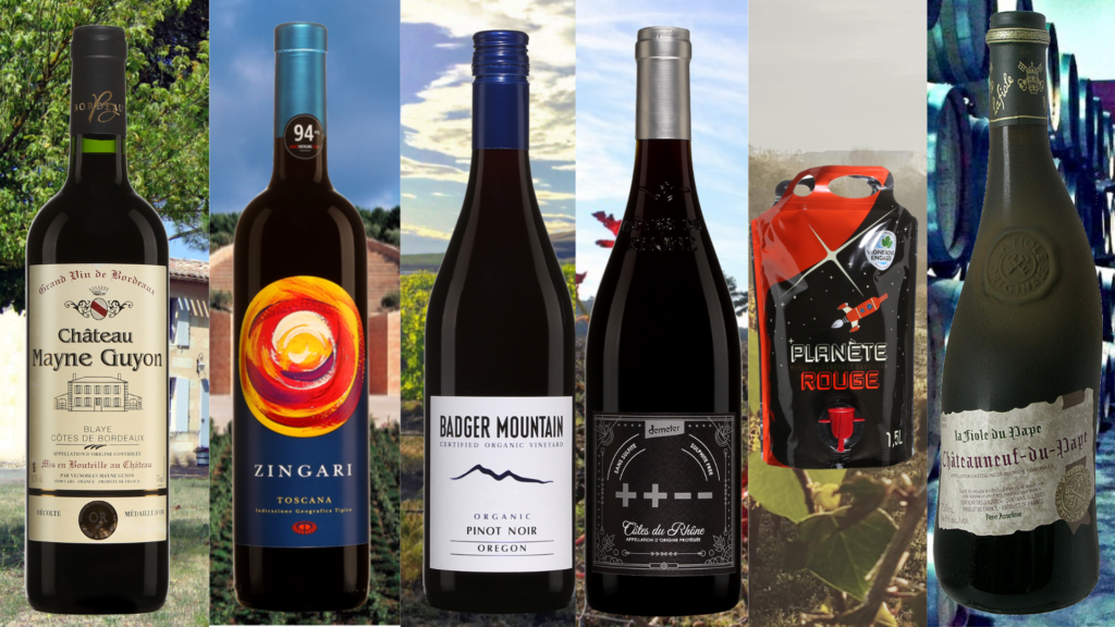 Bouteilles de Château Mayne Guyon, Petra Zingari,Badger Mountain Pinot Noir, La Fiole du Pape, Côtes du Rhône ++--, Planète Rouge Caves de Rauzan