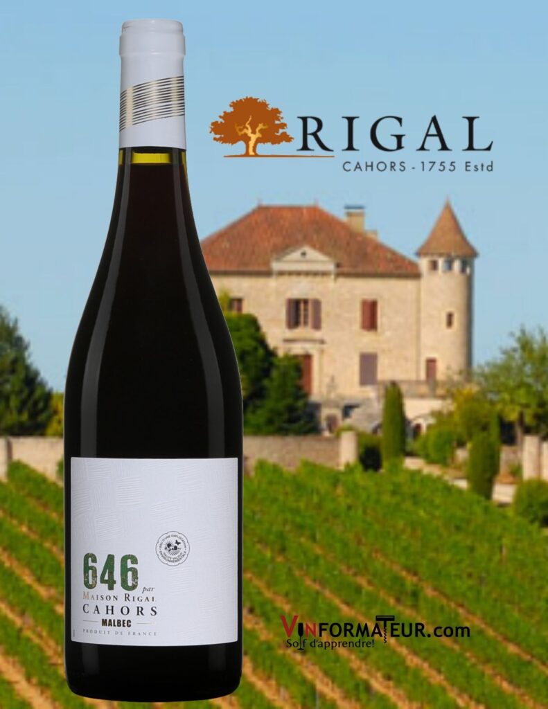 Bouteille de 646, Malbec, Maison Rigal, France, Sud-Ouest, Cahors, 2019 et vignobles