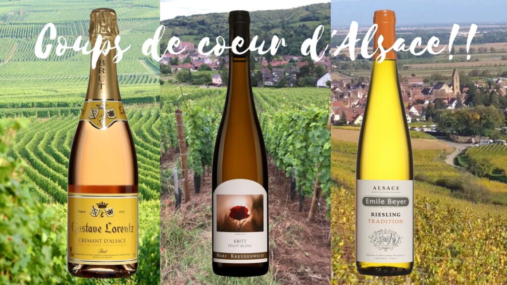 Bouteilles de Crémant Brut Gustave Lorentz Tradition, Kritt Pinot blanc Marc Kreydenweiss 2019, Riesling Emile Beyer 2019 et vignobles