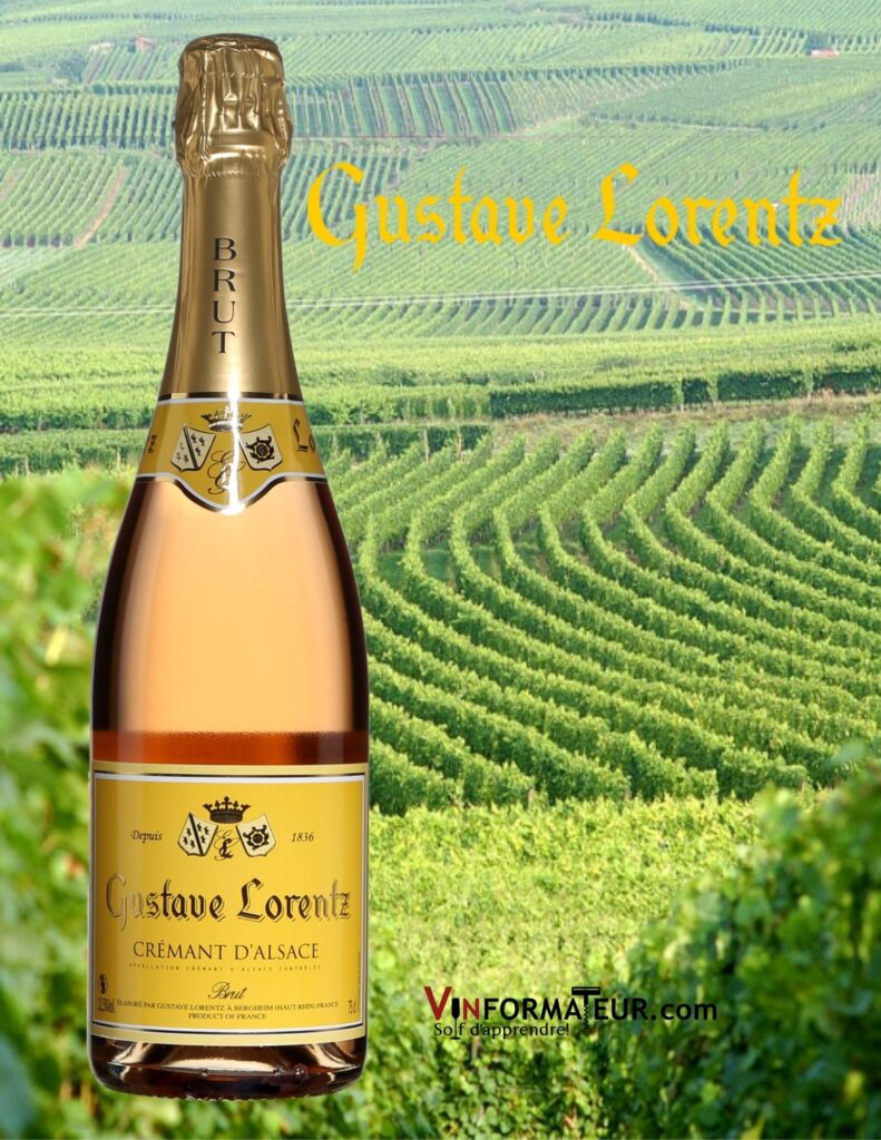 Bouteille de Gustave Lorentz, Crémant d’Alsace Brut Rosé, non millésimé et vignobles