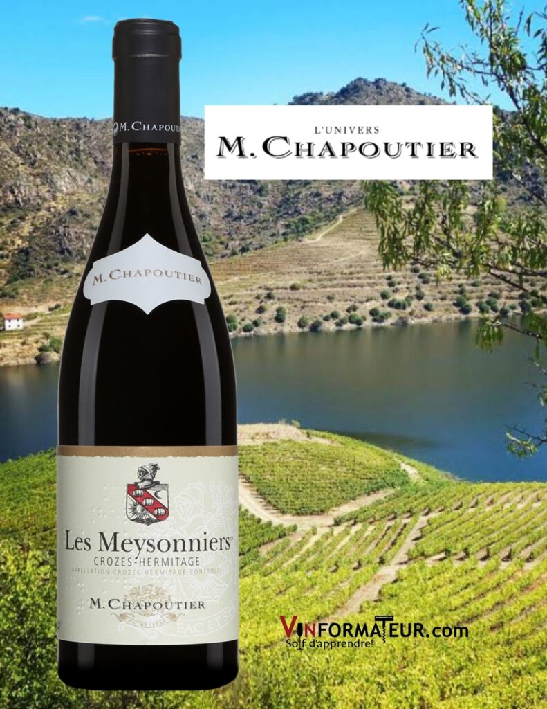 Bouteille de Les Meysonniers, France, Côtes du Rhône septentrionale, Crozes-Hermitage, vin rouge bio, 2018 avec vignobles