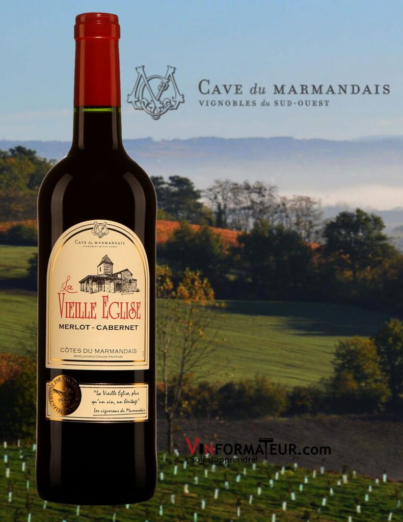 Bouteille de La Vieille Église, France, Sud-Ouest, Côtes du Marmandais, vin rouge, 2019 avec vignobles