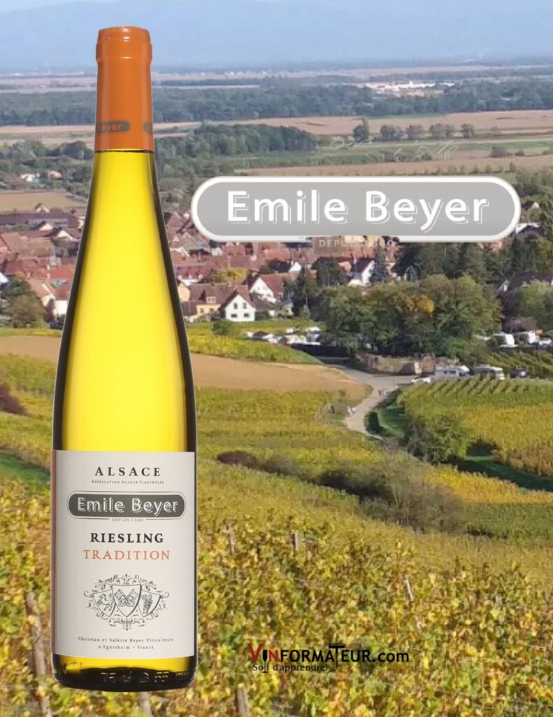 Bouteille de Riesling, Emile Beyer,Tradition, France, Alsace, vin blanc bio, 2019 et vignobles