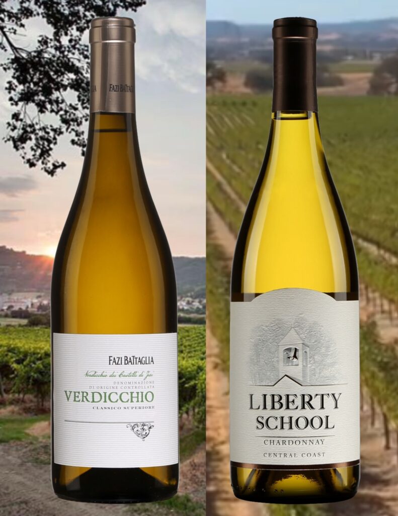 Deux bouteilles de Verdicchio dei Castelli di Jesi Classico Fazi Battaglia 2020, Liberty School Chardonnay Central Coast 2018 avec vignobles
