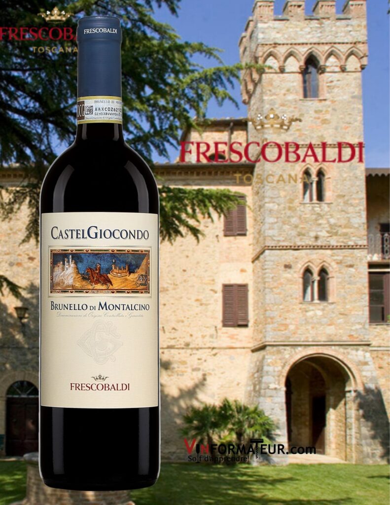 Bouteille de CastelGiocondo, Brunello di Montalcino DOCG, Italie, Toscane, Frescobaldi, 2016 et château