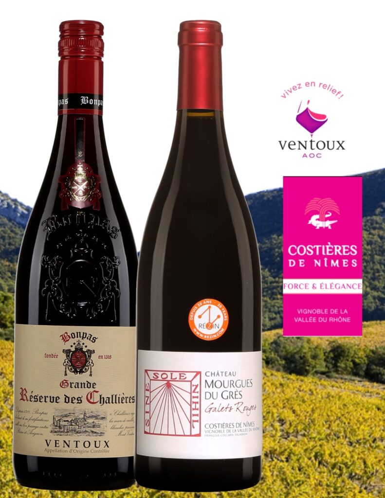 Bouteilles de Château Mourgues du Grès Galets Rouges 2020 Costières de Nîmes, Grande Réserve des Challières Ventoux Bonpas 2020 et ohotos de vignobles