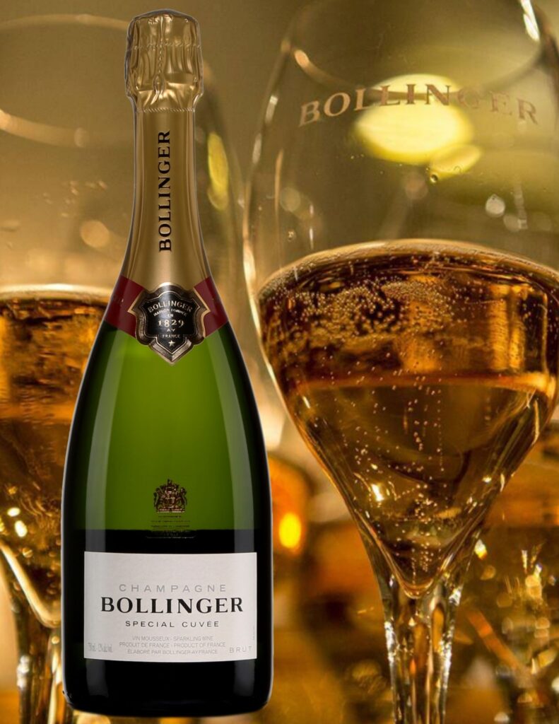 Bouteille de Bollinger, Spécial Cuvée, Brut, 750ml, NM, 85,25$, cépages : Pinot Noir 60%, Chardonnay 25%, Pinot Meunier 15%, plus de 85% de Grands et Premiers crus, dosage 7 à 8 grammes/l