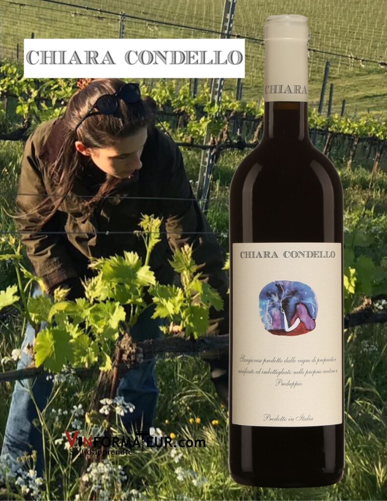 Bouteille de Chiara Condello, Romagna, Émilie-Romagne, Italie, 2016 et photo de Chiara Condello dans son vignoble