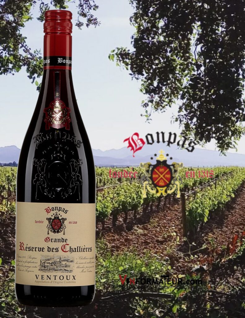 Bouteille Grande Réserve des Challières, Vallée du Rhône, Ventoux, Bonpas, 2020 et vignoble